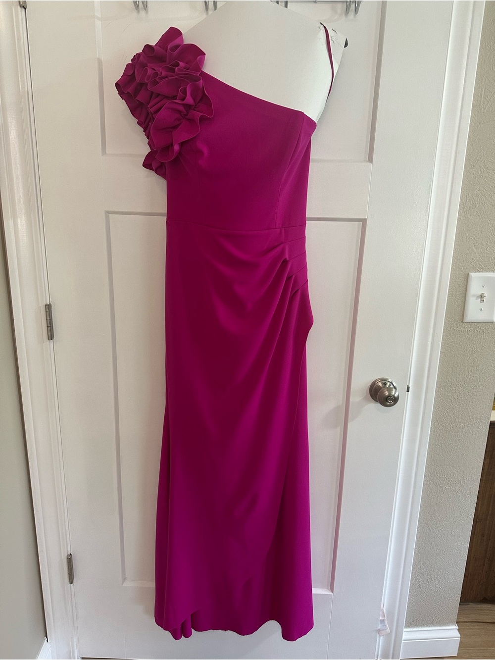 Aqua One-Shoulder Ruffle Gown in Fuchsia
